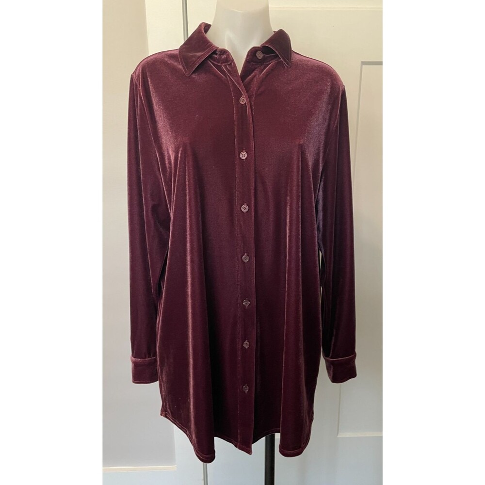 SOFT SURROUNDINGS Womens Button Tunic TOP Long Sleeve PURPLE Velour Size L